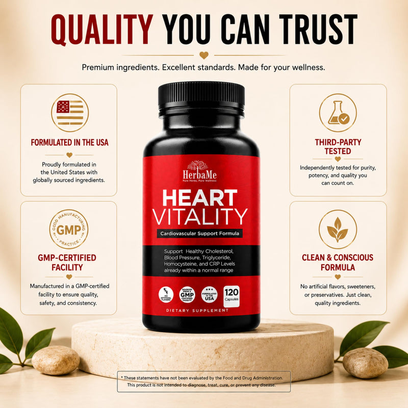 HerbaMe Heart Health Supplement for Circulation & Blood Flow Support | L-Arginine, L-Citrulline, Hawthorn & CoQ10 for Vascular Function, Cardiovascular Wellness & Daily Vitality, 120 Capsules