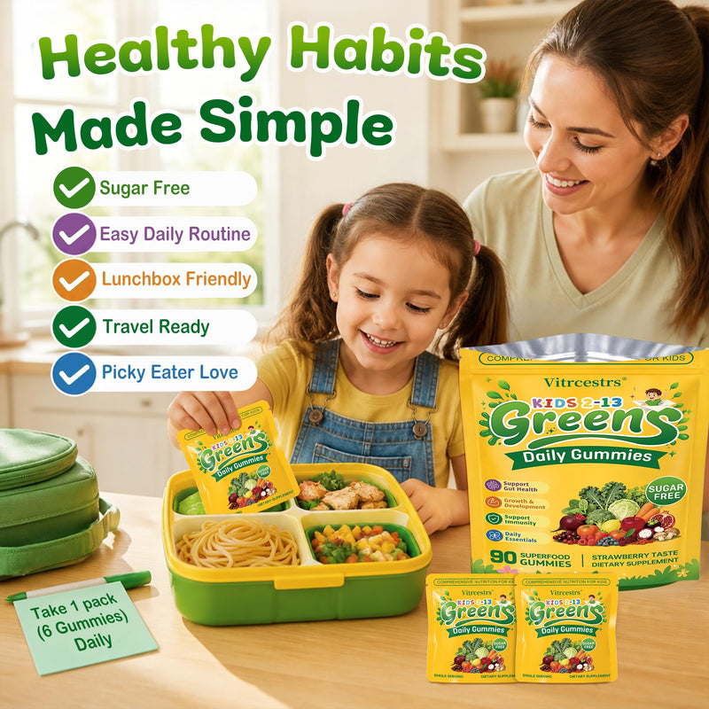 Greens Daily Gummies for Kids, Sugar Free Super Greens Gummies Kids Superfood Multivitamin Gummies with Fruits, Veggies, Alfalfa, Spirulina, Adaptogens, Prebiotic Fiber for Digestive Health, 90 Count