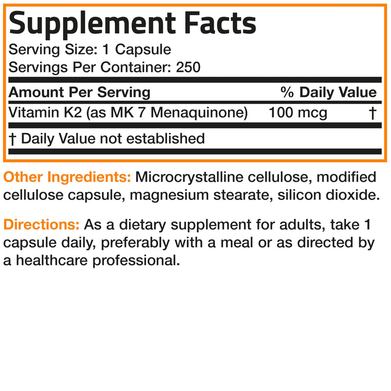 Bronson Vitamin K2 as MK-7 Menaquinone 100 mcg Non-GMO, 250 Capsules Unflavored 250 Count (Pack of 1)