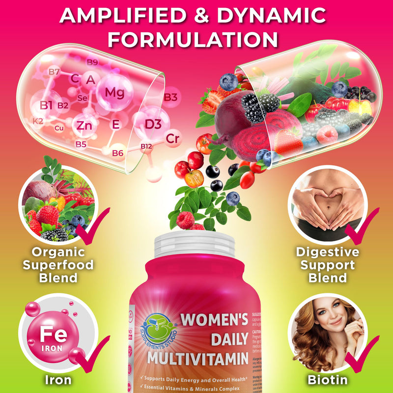 Vegan Methylated Multivitamin for Women - Biotin, Probiotics & Iron | Women's Daily Multivitamin with Iron - Energy Digestive & Optimal Health Support-Organic Superfoods, Easy-to-Swallow Capsules 60 Count (Pack of 1) Women's Multivitamin With Iron