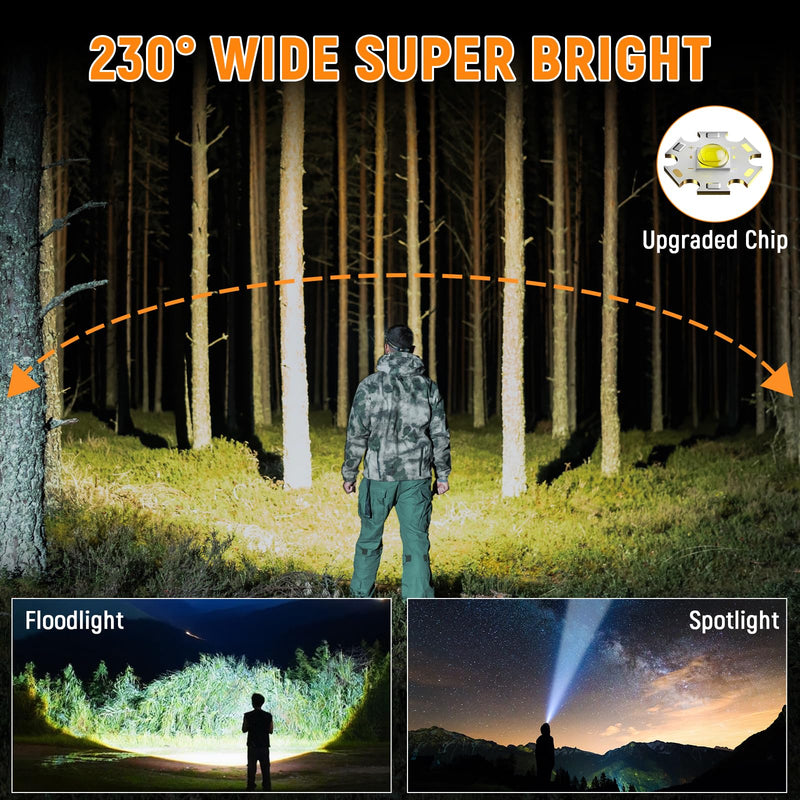 Rechargeable Headlamp High Lumen, 230° Wide Beam 1800 Lumen Super Bright Head Lamp, 6 Modes Head Lights for Forehead, 90° Rotatable Headlight, LED Headlamps for Adults Mechanic Hardhat Camping (2Pack) 2Pack