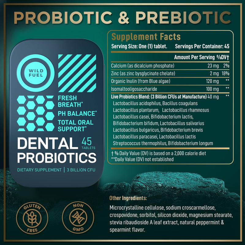 WILD FUEL Oral Probiotics for Teeth, Bad Breath, Gum Health - 3bn CFU K12 Lactobacillus Paracasei, Salivarius Dental Probiotic - Oral Probiotic Mints - 90 Fresh Breath Mint Dental Probiotics Tablets 2-Pack Tins