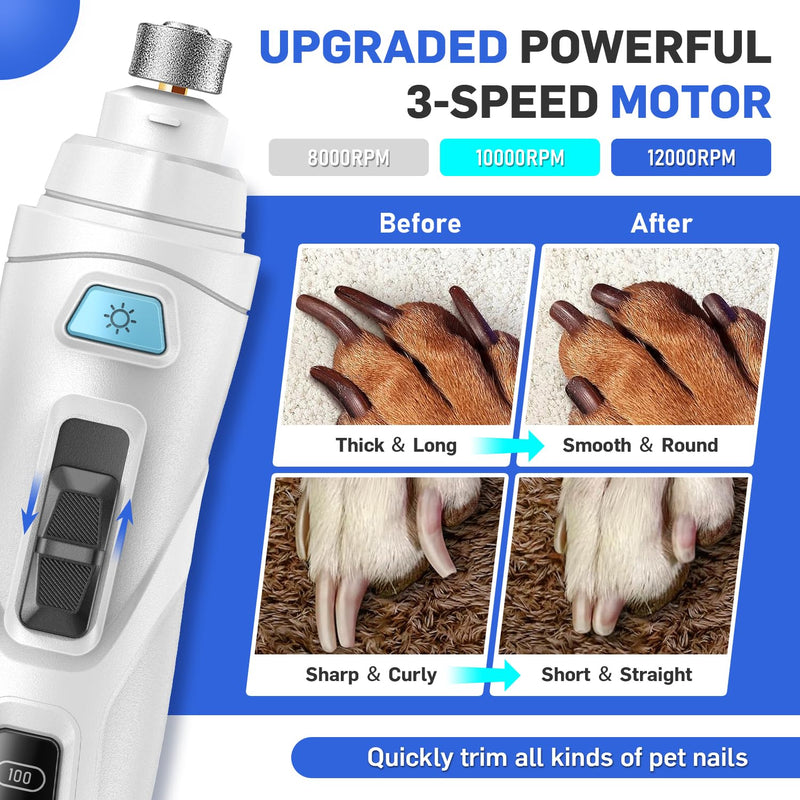 Dog Nail Grinder Super Quiet Dog Nail Trimmers 3 Grinding Wheels 3 Speed 3 Ports Rechargeable Pet Nail Grinder for Dogs with LED Display Dog Nail Clippers Kit for Large Medium Small Dogs Cats (White) White - BeesActive Australia