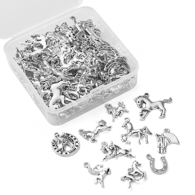 LiQunSweet 100 Pcs 10 Styles Aniaml Equestrian Horsemanship Racing Horse Charms for Jewelry Making Bracelet Necklace Earrings DIY Craft Horse Charm_10 Styles - BeesActive Australia