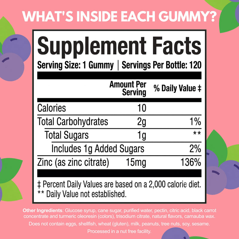 Viteey Zinc for Kids Gummies - 15mg - Tasty Chewable Berry Flavor Gummy | Immune Support - Powerful Natural Antioxidant, Kids Zinc Vitamin Supplement - Vegan, Gelatin Free, Gluten Free - 120 Count 120 Count (Pack of 1)