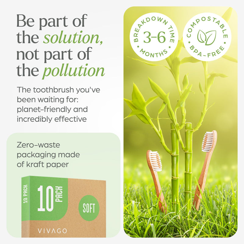 Bamboo Toothbrushes 10 Pack - BPA Free Soft Bristles Toothbrushes, Eco-Friendly, Natural Wooden Toothbrush 10 Count (Pack of 1)