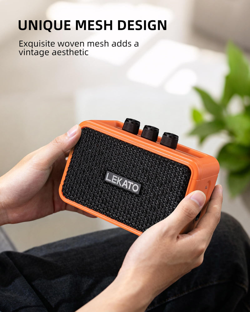 LEKATO Mini Guitar Amplifier AG-04, Dual Speakers 5W, Rechargeable Electric Guitar Amp Bluetooth with Clean Overdrive, 6H Working, Headphone Jack, Wireless Portable Amp for Practice Traveling（Orange） Orange