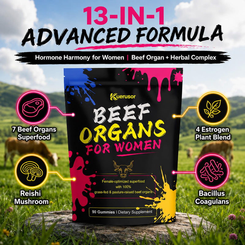 Beef Organ Supplement for Women, 100% Grass Fed - 90 Gummies | Grass Fed Beef Liver, Kidney, Uterus Tissue & More, Support Hormone Balance, Menstruation, Women's Overall Energy and Health