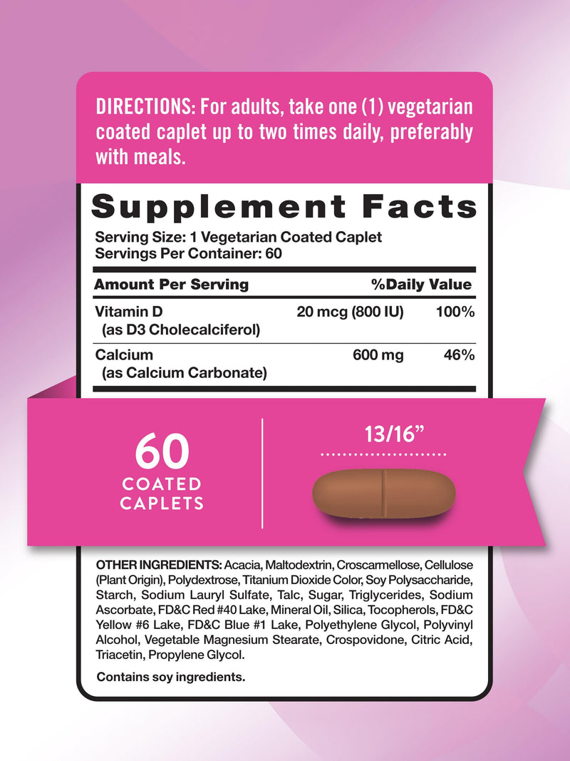 Nature's Truth Calcium 600 mg with Vitamin D3 | Coated Caplets | Calcium Carbonate | Vegetarian, Non-GMO & Gluten Free Supplement 60 Count (Pack of 1)