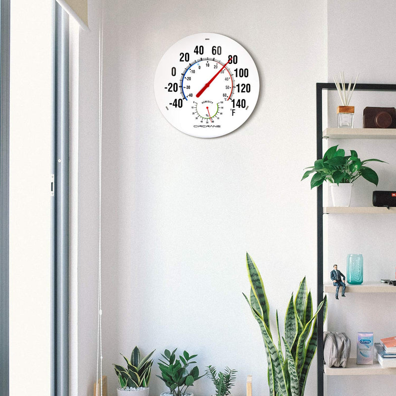 Circrane 13.25 Inch Round Thermometer with Hygrometer, Large Indoor Wall Patio Bimetal Weather Thermometer, No Battery Required, White - BeesActive Australia
