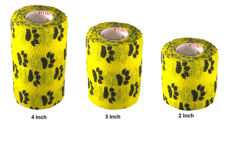 Vet Wrap Wrap Tape (Yellow with Paw Prints) (2 Pack) (2 Inch x 15 feet) Self Adhesive Adherent Adhering Cohesive Flex Self Stick Bandage Grip Roll Dog Cat Pet Horse 2 Inch 2 PACK Yellow With Black Paws - BeesActive Australia