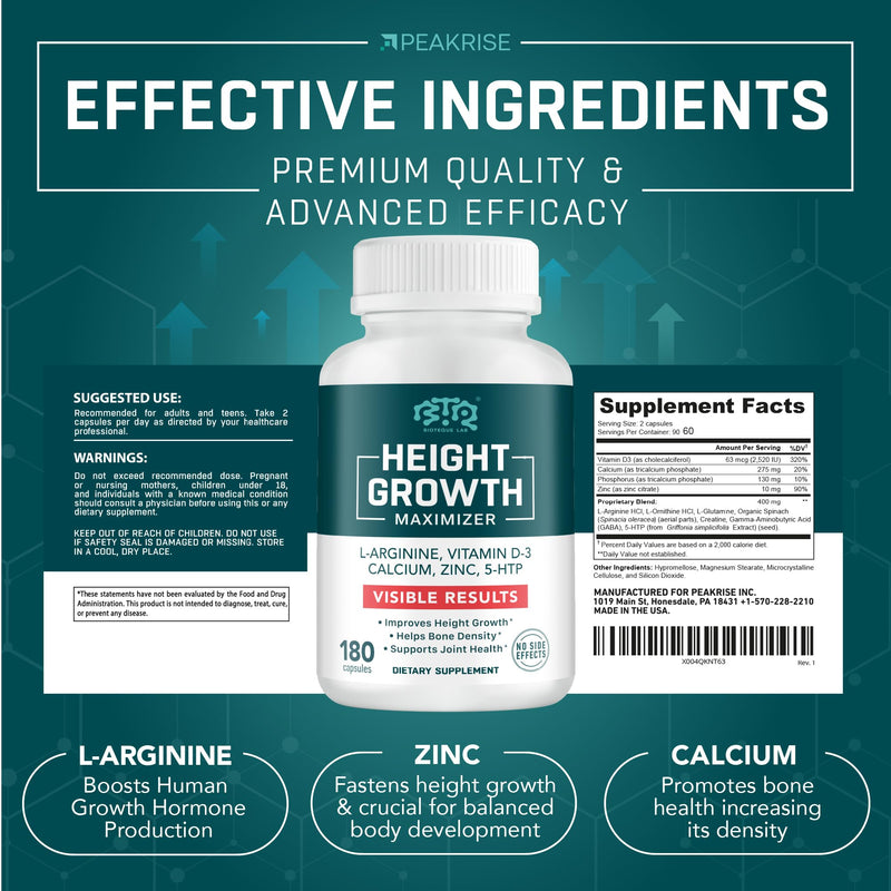 BIOTEQUELAB Height Growth Maximizer, Calcium, Vitamin D3 and Zinc Blend Pills, Bone Growth Supplement for Kids and Teens, Bone Strength, Density Support, GMO-Free, Gluten-Free, Made in USA, 180 Caps 180 Count (Pack of 1)