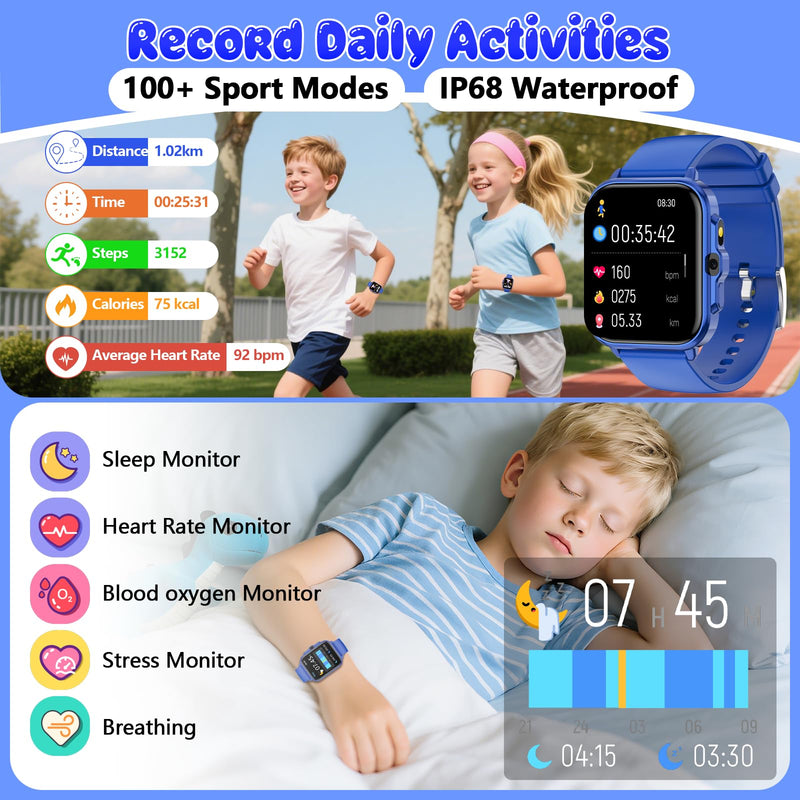 Kids Watch, 1.85" Fitness Tracker Pedometer, Heart Rate, Sleep Monitor, NO APP/Phone, Alarm Clock, Smartwatches with Video Music, IP68 Waterproof, Puzzle Games, Gift for Boy Girl, Smart Watch for Kid Dark Blue 1.85" - BeesActive Australia