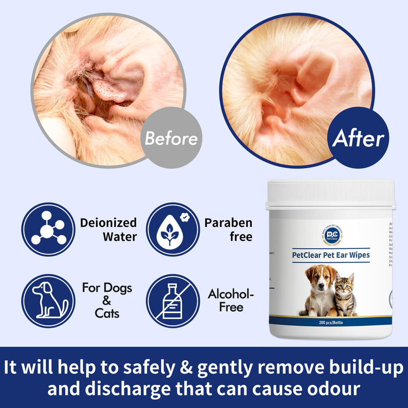 Dog Ear Wipes 200 Pcs, Non-Irritating, Gently Removes Wax, Debris & Stop Smelly, Itchy, Head Shaking, Disposable Pet Cleaning Wipes 200PCS