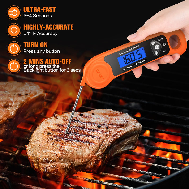 AMMZO Digital Meat Thermometer for Grilling, Candy Thermometer Instant Read Food Thermometer Waterproof with Backlight for Cooking, Deep Fry, BBQ, Grill, Smoker and Roast (Orange) Orange - BeesActive Australia