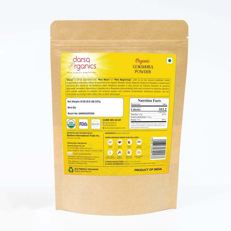 Gokshura Powder | 8 oz Resealable Pouch | Tribulus Terrestri | Gokhru/Gokhsuru | USDA Organic | Kosher | Non-GMO | Gluten Free - BeesActive Australia