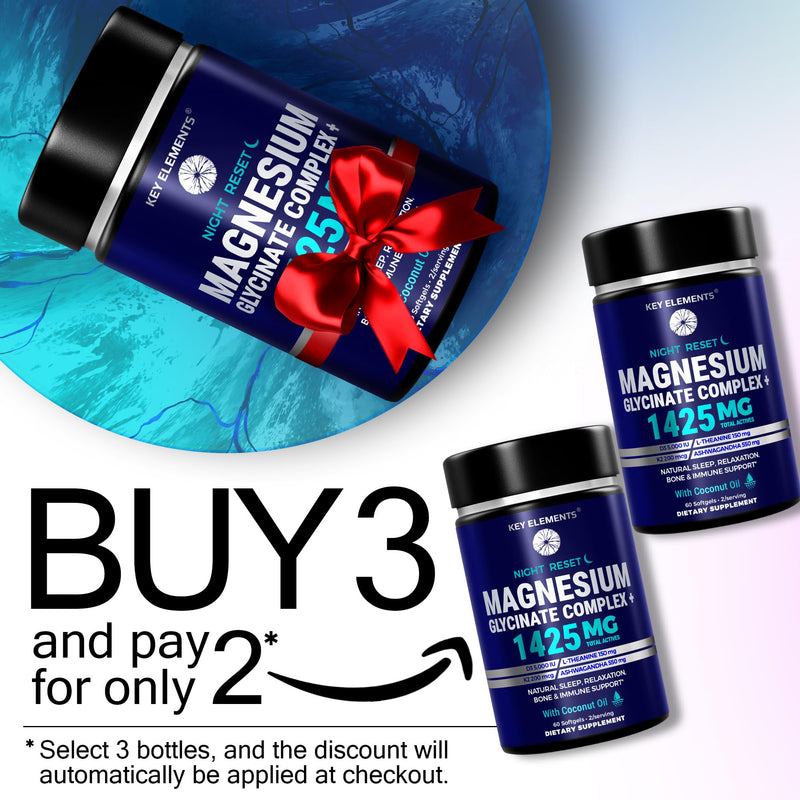 Magnesium Glycinate Complex 1425mg with Vitamin D3 5000 IU & K2 MK-7 200mcg - Magnesium for Sleep, Relax & Bone Health - Chelated Magnesium Supplement with Ashwagandha L Theanine Softgels
