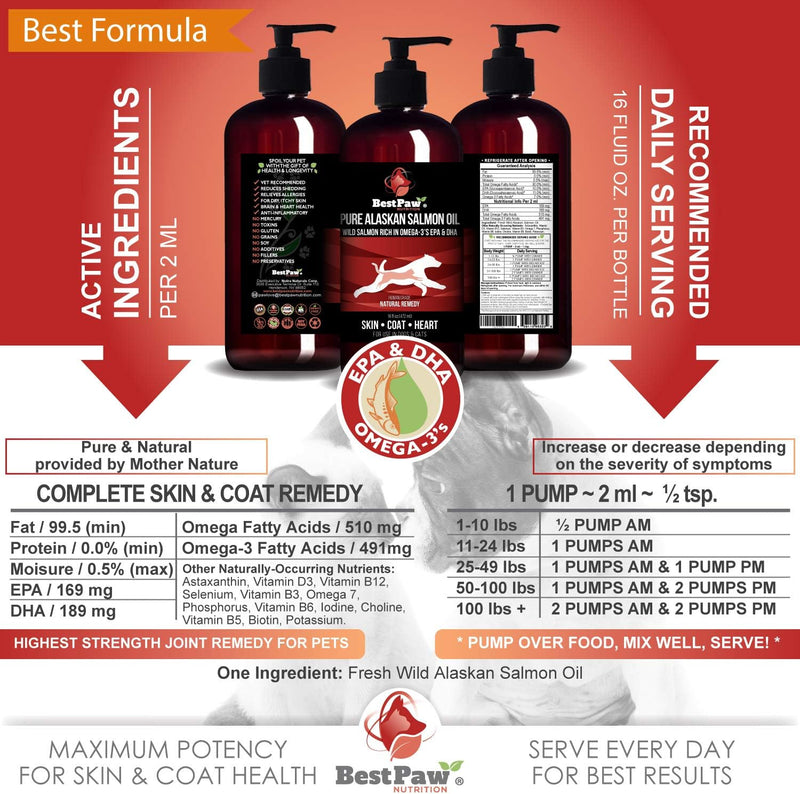 Pure Wild Alaskan Salmon Oil for Dogs & Cats Skin and Coat - Fish Oil Liquid with Pump - Supports Joint Function, Immune & Heart Health - Omega 3 Liquid Food Supplement - All Natural EPA + DHA - 16oz 16 Fl Oz - BeesActive Australia