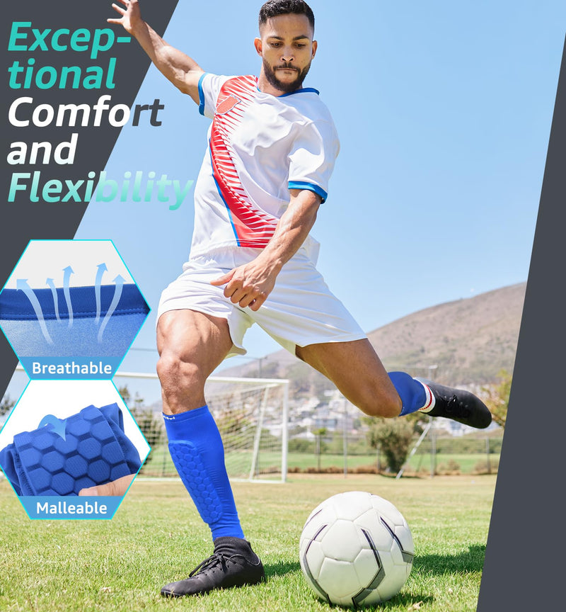 HiRui Soccer Shin Guards Shin Pads for Kids Youth Adult, Calf Compression Sleeve with Honeycomb Pads, Support for Shin Splint Baseball Boxing Kickboxing MTB, Lightweight(1PAIR) Blue Large - BeesActive Australia
