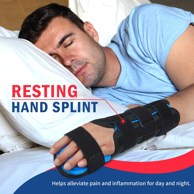 FEATOL Resting Hand Splint Stroke Night Immobilizer with Removable Splints- Pain Relief For Carpel Tunnel, Stroke Recovery, Arthritis, Tendinitis-Functional Support Wrist Finger Brace-Right Medium-For Men and Women Right Hand Black & Blue