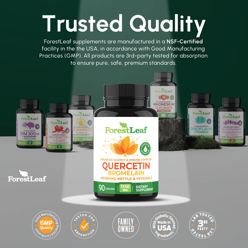 ForestLeaf Quercetin with Bromelain - 1350mg Blend with Vitamin C & Stinging Nettle, Advanced Quercetin 500mg Supplement, Non-GMO Gluten Free, Natural Immune & Respiratory Function 180 Veggie Capsules 90 Count (Pack of 2)