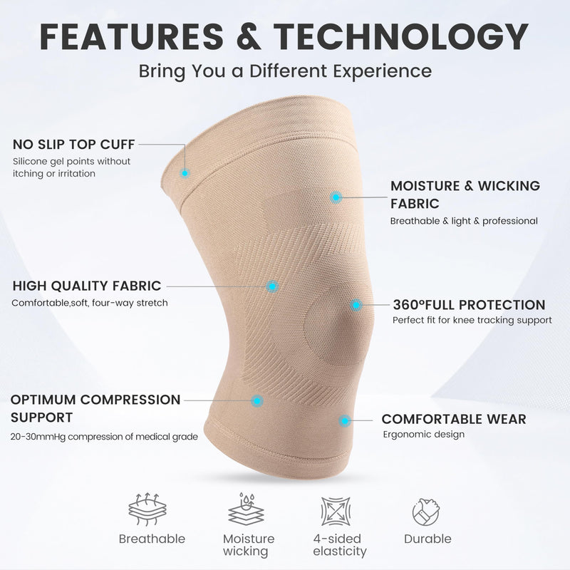Knee Compression Sleeves, 1 Pair, Can Be Worn Under Pants, 20-30mmHg Strong Support Knee Brace for Unisex, Knee Support for Meniscus Tear, Arthritis, Pain Relief, Injury Recovery, Daily Wear, Beige M Medium (1 Pair) - BeesActive Australia
