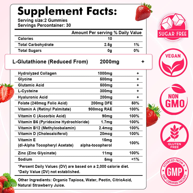 2 Pack Glutathione Collagen Gummies, Glutathione Supplement for Women | Sugar Free, Skin Brightening & Anti-Aging, Supports Hair, Skin & Nail Health, Strawberry Flavor, 120 Count 60 Count (Pack of 2)