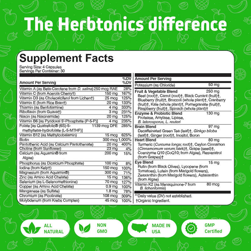 Herbtonics Whole Food Multivitamin for Men & Women – Vegan Multivitamin with Real Fruits & Veggies, Probiotics, CoQ10, Turmeric & More – 120 Capsules