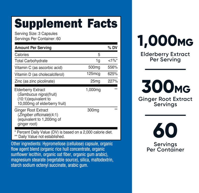 Nutricost Elderberry & Ginger Root Extract with Vitamin C, Zinc & Vitamin D 180 Capsules for 60 Servings Per Bottle - Vegetarian-Friendly Supplement, GMO-Free, Gluten-Free
