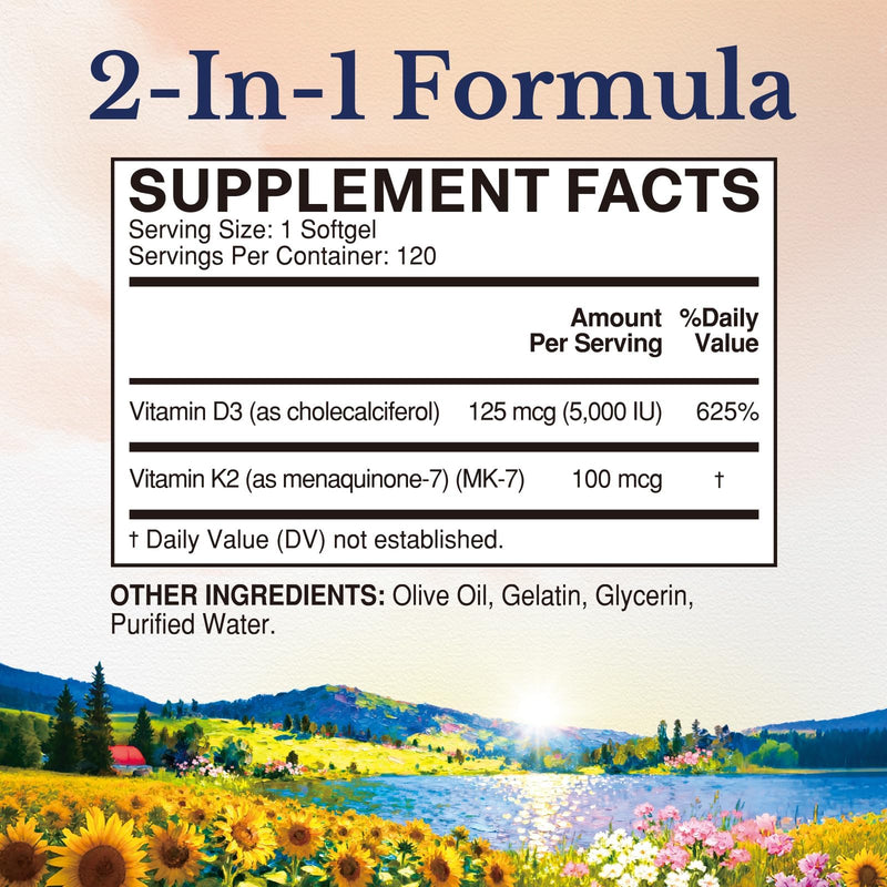 Vitalitown Vitamin D3 K2 Supplement, D3 5000 IU, Vitamin K2 MK-7 100 mcg, Non-GMO, No Gluten & Soy, for Bone, Teeth, Immune & Heart Health, 120 Softgels