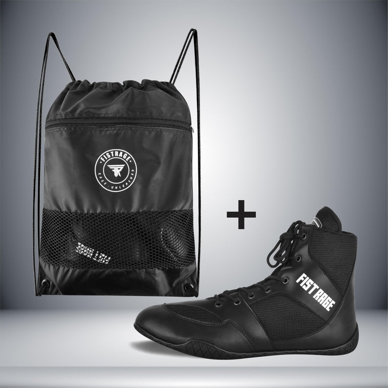 FISTRAGE Boxing Shoes Lightweight Microfiber Leather Kickboxing Training and Fighting Boots Pro Fighters with Mesh and Rubber Sole for Extra Grip - Ventilated Design - Men, Women, Kids Sizes Along With Sting Bag 8.5 Women/7 Men Black - BeesActive Australia
