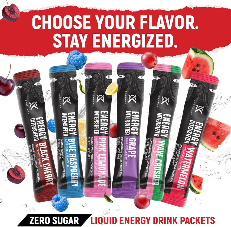 CardoMax Caffeine Packets, Watermelon, 15 Liquid Stick Packs | Energy Drink Packets with 200 MG Liquid Caffeine, BCAA, Vitamin B12 & B6, Sugar-Free, Zero Calorie, Vegan & Keto