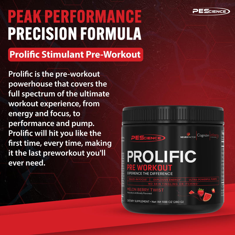 PEScience Prolific Pre Workout Powder for Men & Women with L-Citrulline, Nitric Oxide Booster, Energy Powder & Nootropic for Focus ‚Äì Preworkout Without Beta Alanine ‚Äì 40 Scoops, Melon Berry Twist