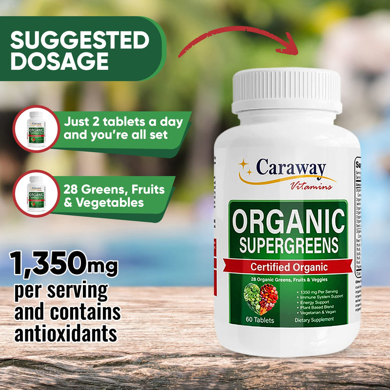 Organic Superfoods Vitamins Super Greens Complex by Caraway Vitamins 1,350 mg per Serving 28 Fruits Vegetables Greens 60 Count Tablets Non-GMO Natural for Men & Women