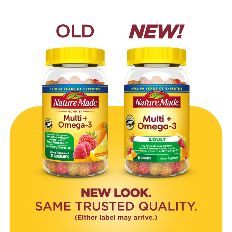 Nature Made Multivitamin + Omega-3, Multivitamin Gummies for Adults, 80 Ct | Adult Gummy Vitamins & Minerals, Multivitamin Gummies for Women and Men, Daily Nutritional Support, 40 Day Supply Strawberry, Lemon & Orange 80 Count (Pack of 1)
