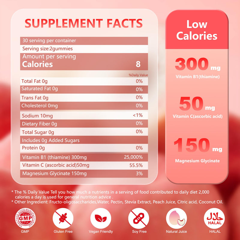 Vitamin B1 Gummies 300mg for Adults & Kids,Chewable Thiamine B1 Supplement with 150mg Magnesium,Nervous System Healthy Energy,Natural Peach Flavor,Non GMO,Vegan 60 Count Sugar-Free 1-Month Supply