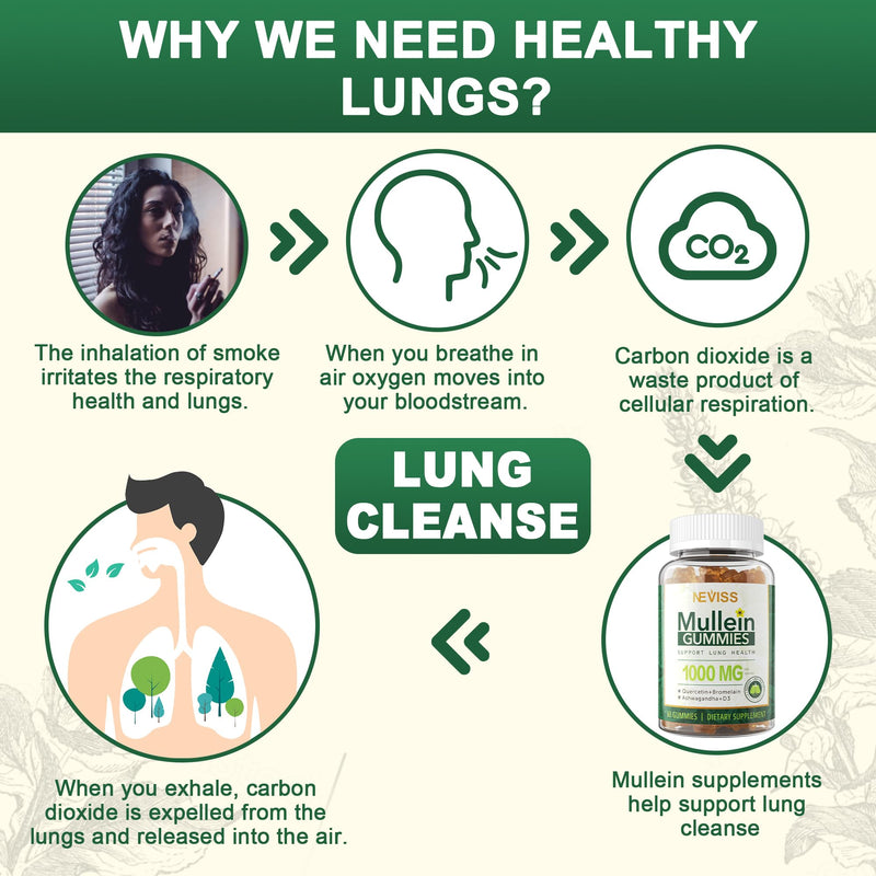 NEVISS Mullein Gummies for Lungs, Organic Mullein Leaf Extract 1000mg for Respiratory System with Quercetin & Bromelain, D3 for Digestive Support, Immune Booster, Sugar Free, Vegan, 60 Count 60 Count (Pack of 1)