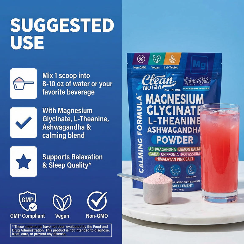 Magnesium Glycinate Powder Supplement + L Theanine Ashwagandha Glycine Apigenin Lemon Balm GABA 5HTP Pink Salt Potassium L Tryptophan Calcium | Powdered Sleep Aid Calm Trace Minerals Vitamin