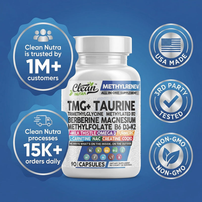 Clean Nutra TMG Supplements 1000mg | Methylated Multivitamin for Women Men | Taurine B6 Vitamins B12 D3 K2 Trimethylglycine Magnesium Methylfolate Milk Thistle NAC COQ10 B Supplement Complex Capsules