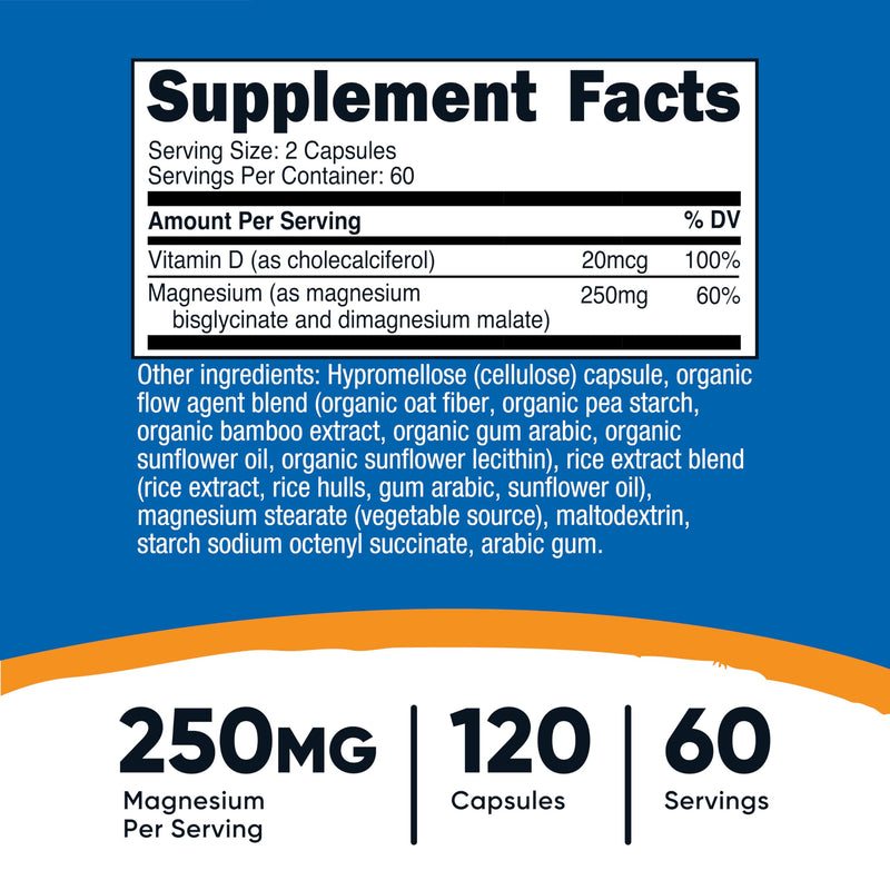 Nutricost Magnesium Glycinate + Malate (250mg) 120 Caps, High Absorption | With Vitamin D, Vegan, Gluten-Free, GMO-Free, 60 Servings