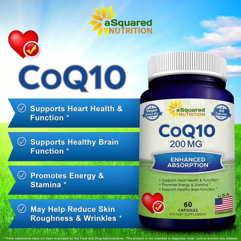 CoQ10 200mg - 60 Capsules - Co Q 10 Supplement - Coenzyme Q10 Pills - CQ10 | Extra Strength CoQ 10 - High Absorption Ubiquinone Powder - CO Q-10 Enzyme Alternative to Gummies & Softgels 60 Count (Pack of 1)