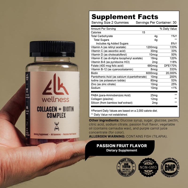 Collagen + Biotin Gummies for Hair, Skin & Nails - 60 Gummies | Biotin Collagen Supplement, Hair Growth Vitamins, Multi-Vitamin Beauty Blend, Passion Fruit Flavor, Non-Gmo Gmp-Certified