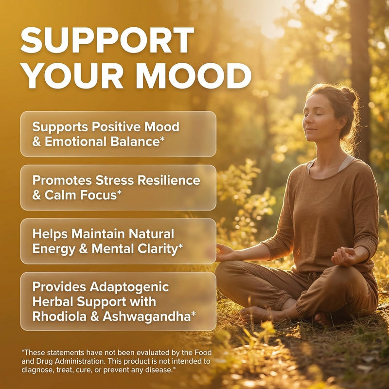 RhodiGlow Rhodiola Rosea Mood Support Supplement + Ashwagandha St Johns Wort Holy Basil Vitamin C Iron Black Pepper By Clean Nutra