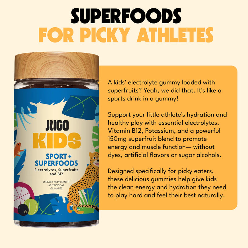 JUGO Kids Sport + SUPERFOODS Electrolyte Gummies for Sports Hydration and Daily Play with Super Fruits, Vitamin B12, and Potassium, Gluten-Free, Non-GMO, Tropical Flavor, 50 Count