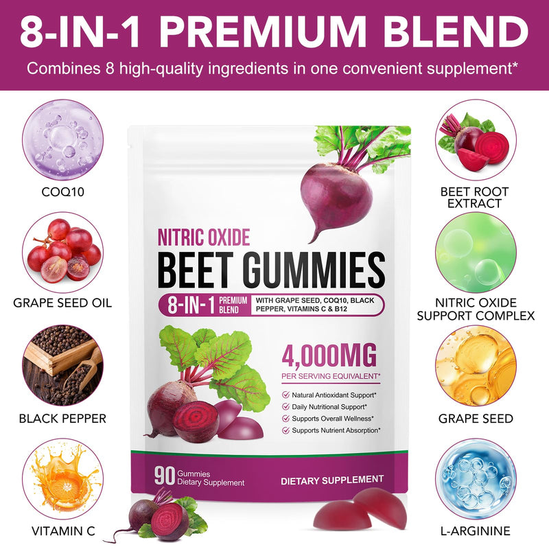 90 Chews Beet Root Gummies, Sugar Free | 8 in 1 Beet Root Extract with CoQ10, Grapeseed Extract 90 Chews for Antioxidant, Promoting Nitric Oxide, Energy Level Suport, with Vitamin B12, C 90 Count (Pack of 1)