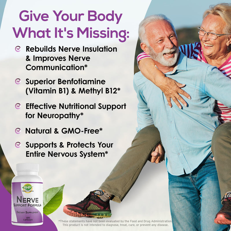 Nerve Support Formula Supplement - Nutritional Support for Neuropathy Pain Relief for Feet & Hands, Advanced B Complex with Benfotiamine, Vitamin B1, Methyl B12, Folic Acid & D3 – 120 Capsules