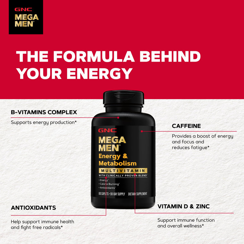 GNC Mega Men Energy & Metabolism Multivitamin for Men | Antioxidants and Increased Calorie Burning | 180 Count | Clinically Studied Antioxidants Support Energy Production, Colon and Prostate Health, Calorie Burning, and Mental Sharpness
