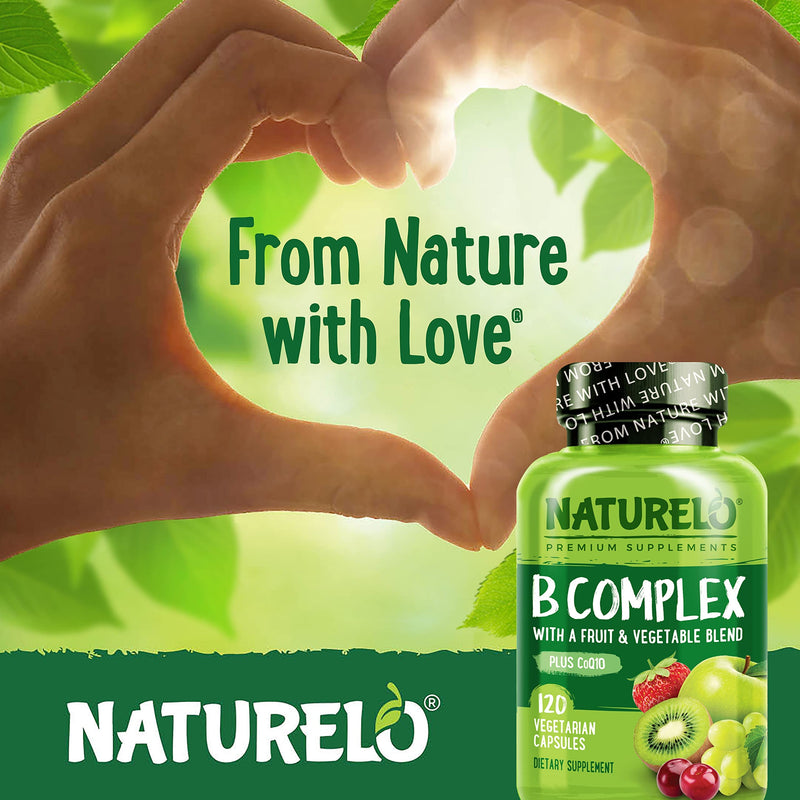 NATURELO Vitamin B Complex, 120 Capsules, Vegan, CoQ10, Methyl Folate | Biotin, Fruit & Vegetable Blend, Supports Energy And Healthy Stress Response, Super B Complex Vitamins for Women and Men 120 Count (Pack of 1)