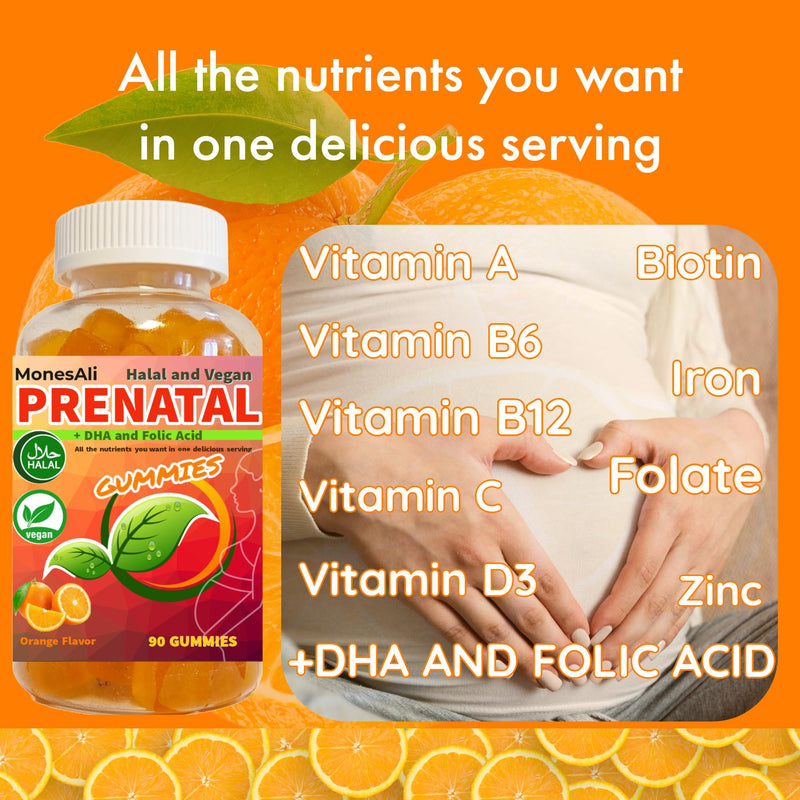 Prenatal Gummies for Women - Vegan Halal Prenatal & Postnatal Multivitamin with Folate, DHA, Iron & Biotin - Supports Healthy Pregnancy, Postpartum Energy & Hair Health 90 Count Orange & Strawberry 90 Count (Pack of 1)