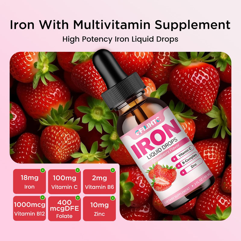 Liquid Iron Supplement for Women Men & Kids Multivitamin Iron Drops with Folate, Vitamin C, B6, B12, Zinc for Anemia, Iron Deficiency, Blood Builder, Energy - Natural Strawberry Flavor, Vegan 2 Fl Oz 2 Fl Oz (Pack of 1)
